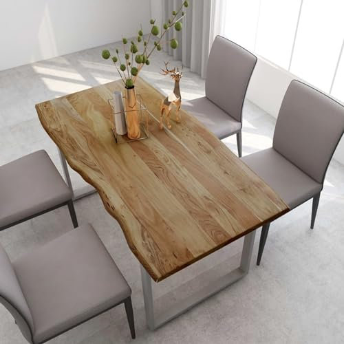 IKAYAA Mesa de Comedor Industrial Madera Maciza de Acacia Mesa Fija de Comedor para Cocina Mesa Rectangular 154 x 80 x 76 cm Plateado