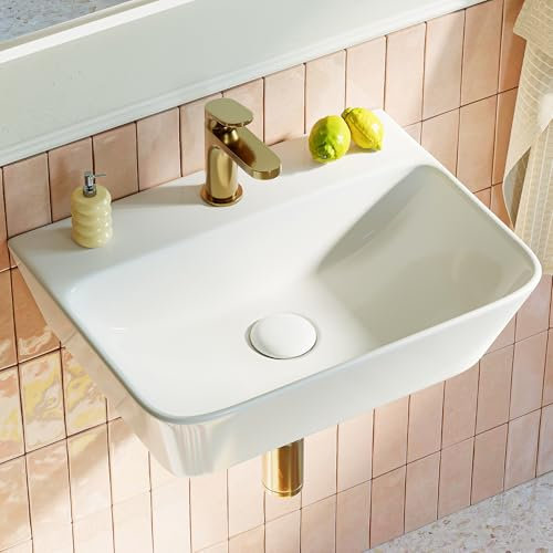 HOROW Waschbecken Bad Eckig 40 cm, Moderner Waschtisch Weiß, ohne Überlauf, mitHahnloch, Kleine Handwaschbecken, Hängewaschbecken Aufsatzwaschbecken Gäste WC