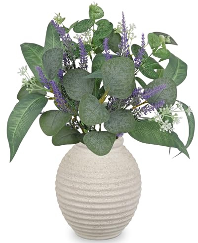 Arborus Künstlicher Eukalyptus im Topf 37 cm Lavendel Kunstpflanzen in Vase | Eukalyptus Pflanzen Künstlich in Vintage Vase aus Keramik wie Echt Tisch Regal Fensterbank Deko Büro Wohnzimmer Hotel Deko