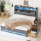 Aoskem Polsterbett Doppelbett 160x200 cm, LED-Bett mit 2 Schubladen, Kopfteil mit Stauraum & USB-Buchse, Stauraumbett Bettgestell mit Lattenrost, Funktionsbett Flachbett, Ohne Matratze, Leinen Grau