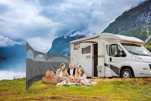 Freshnewlooks 3 Panel Lightweight Grey Windbreak 5m x 1.5m | Portable Outdoor Wind Shelter Camping Wind Screen with Ground Tags, Carry Bag for Beach, Garden, Caravan & Campsite
