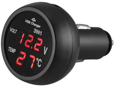 MiJunHD 3 in 1 Fahrzeuge Voltmeter, USB Ladegerät & Thermometer & Auto Batterie Spannungsmesser, LCD Digitales Anzeigefeld für 12V 24V KFZ Bus LKWs Zigarettenanzünder (Rotes Licht 1 Stück)
