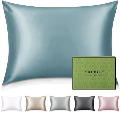 Adubor 100% Seidenkissenbezug 40x80cm für Haar und Haut, mit verstecktem Reißverschluss, beide Seiten, 23 Momme Seide, Fadenzahl 900 (Graublau, 1 Stück)