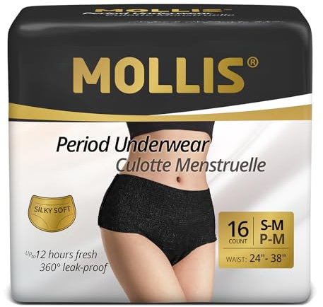 MOLLIS Bragas Menstruales Desechables para la Regla Mujer Postparto Ropa Interior Antifugas Flujo Abundante Negro Talla S/M 16 Unidades