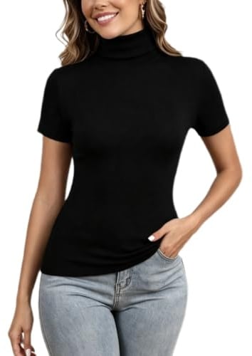 Women Polo Neck Short Sleeve Base Layer Top Versatile Thin Pullover