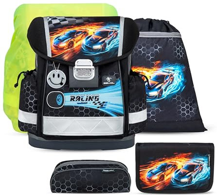 Belmil Schulranzen Set 403-13/AG/S/R 5 - teilig ergonomischer Schulranzen Set mit Regenschutz 1. klasse 2. klasse 3. klasse - Super Leicht 930-990 g/Grundschule (Race it)
