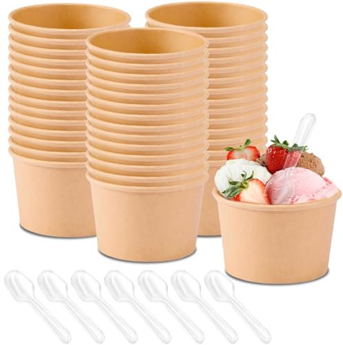 Sporgo Suppenbecher to Go 50 Stück: 240ml Pappbecher Eisbecher Pappe Müslibecher Mit 50 Stück Löffeln, Braun Suppentassen Kompostierbare Becher mit PLA für Snacks Suppe Salat Nachtisch Vorspeisen