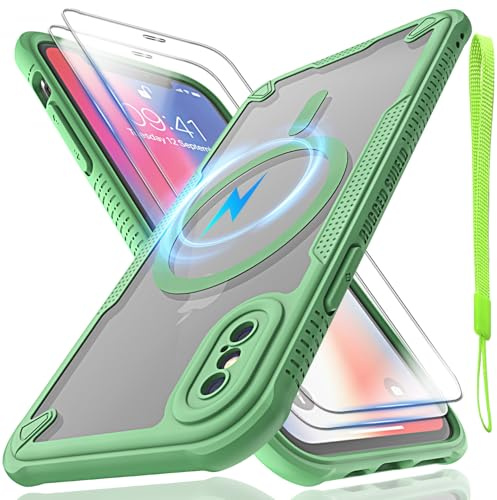 for iPhone X/Xs Case, Translucent Matte Back Compatible with Magsafe Magnetic Slim Shockproof Protective Case with Lanyard Strap and 2*9H Tempered Glass Screen Protector Phone Cover 5.8-inch-Green