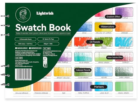 LIGHTWISH Aquarell Farbkarte, Swatch Buch als Ringbuch - 12 ablösbare Blätter für Lochbinder, 100% Baumwolle Kaltgepresst 300g/m² - Professionelles Musterbuch für Aquarell, Gouache, Ölpastell
