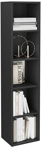 5 Tier Cube Bookcase and Bookshelf, Tall Freestanding Display Storage Shelves, Storage Unit for Office, Living Room, Bedroom, Furniture, Black H132 x W30 x D24 cm