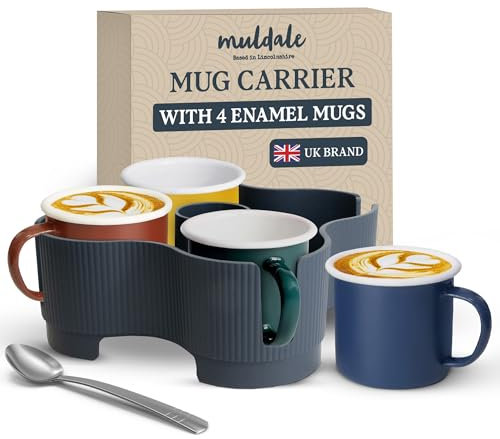 Muldale 4 Large Enamel Mugs 375ml with Mug Carrier for Camping - Caravan Motorhome Cup Holder Caddy - Recyclable - Heat Safe Drinks Holder