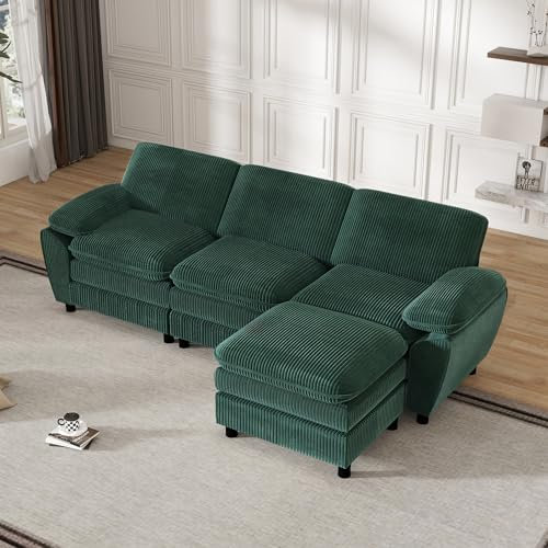 ZX Design Ecksofa mit Schlaffunktion mit Polsterhocker, Cord Sofa, Sofa 3 sitzer, Ecksofa für Wohnzimmer,Schlafzimmer und kleine Wohnungen (Grün)
