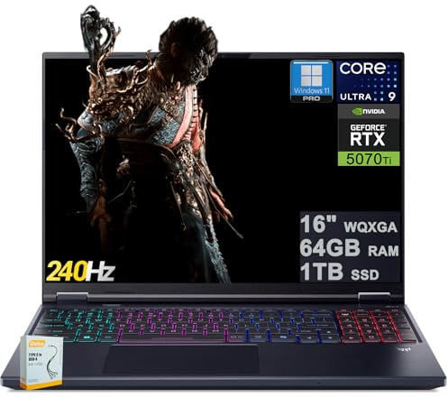 acer Predator Helios Neo 16S AI Ordinateur portable de jeu | 16 2560 x 1600 OLED 240 Hz 100 % DCI-P3 | Intel 24-core Ultra 9 275HX | 64 Go DDR5 1 To SSD | GeForce RTX 5070 Ti | Rétroéclairé RVB