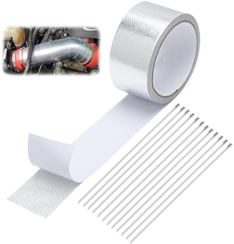 ZRUEWOT Banda Térmica para Escape - Protección Alta Temperatura para Auto y Moto, Cinta Aislante Autoadhesiva con 12 Bridas para Reparación de Escape