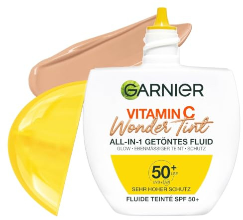 Garnier Vitamin C Wonder Tint All-In-1 Getöntes Fluid Medium – Getönte Tagespflege mit LSF 50+ für Glow & Ebenmäßigkeit – Skin Tint mit 5% Glycerin, Niacinamid & Vitamin C gegen dunkle Flecken – 40ml