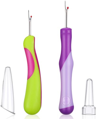 2 Pcs Seam Ripper for Sewing, Stitch Remover Tool with Safety Caps Needle and Thread Picker Tool Supplies Accessories for Embroidery Hand Sewing Crafting Cross Stitching Knitting (Purple & Green)