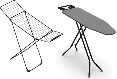 HYTAMA TOOLS - Asse da Stiro BRAVA 33x110cm In Acciaio con Leva Pieghevole, Salvaspazio con Poggiaferro + Stendibiancheria EGE WINGSLUX Nero da pavimento, 18 m di stenditura, acciaio