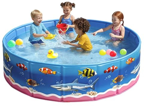 Matoebyr Aufstellpool für Kinder & Hunde mit Meeres-Design, 4-lagig verstärktes Planschbecken ohne Aufblasen, Faltbarer Gartenpool aus robustem PVC für Backyard Sommer Badespaß, Rund