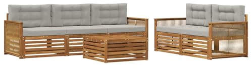 vidaXL Outdoor-Sofagarnitur mit Kissen 6 pcs Natürlich und Hellgrau, Gartenlounge, modernes Ecksofa, Outdoor-Sitzgelegenheit, Terrassenmöbel, gemütliches Set