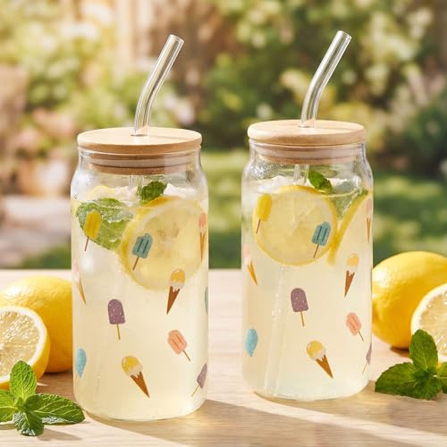 levandeo 2er Set Trinkglas 500ml EIS am Stiel Glas-Strohhalm Deckel Trinkbecher Sommer Ice Kaffee Sommerglas Glasbecher