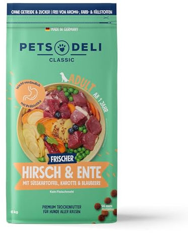 Pets Deli Trockenfutter für Hunde Hirsch & Ente mit Süßkartoffel, Karotte & Blaubeere - ohne Zucker und Gluten, 6kg