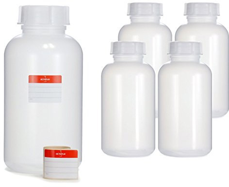 5 x 5 frascos botellas de LDPE con rosca de, química kalien Botella, laboratorio con tapa como recipiente de almacenamiento para laboratorio, cocina o Hobby, transparente, 5x 2000 ml