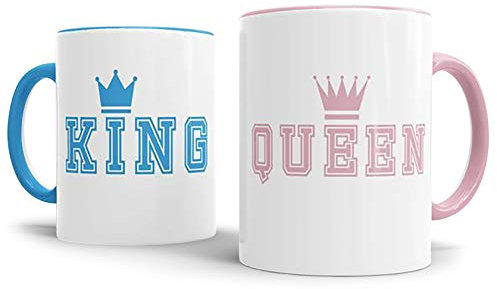 Partner-Tassen King und Queen Kaffeetasse/Mug/Cup / - Qualität made in Germany Innen/Henkel Blau & Rosa King und Queen mit Krone