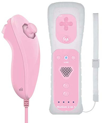GN-010RN Built-in Motion Plus Wireless Remote and Nunchuck Controller with Silicone Case & Wrist Strap for Nintendo Wii and Wii U (Baby Pink)
