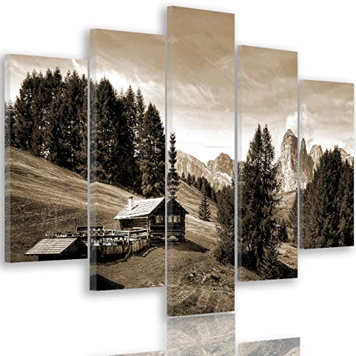 Feeby Bilder Berge 5 Teilig XXL 200x100 cm 1 Teilig Wohnzimmer Schlafzimmer Büro Flur Küche Wandbilder Leinwandbilder Modern Bild auf Leinwand Wanddekoration Kunstdruck Design Hütte Bäume Sepia