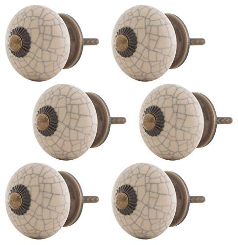 Knober 6 X Creme Beige | krakeliert | Montur aus Edestahl | Möbelknöpfe 40mm Knauf | Türgriff Gewinde metrisch M3 | Antik look | Brik