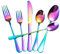 Regenbogen-Besteck-Set, 24-teilig, Edelstahl, bunt, Besteck-Set, Geschirr-Set für 4, Küchenutensilien, spiegelnd, spülmaschinenfest