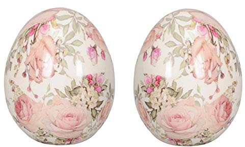 dekoratives frühlingshaftes Osterei Deko-Ei Keramik-Ei Keramik Motiv Rose in Creme-rosa (rosa mit Rosen, 2 x mittel ca. 12 cm hoch)