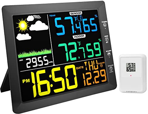 AIRAIN TECH Wireless Weather Station Clock, 10 Inch Home Indoor Weather Monitor with Barometer, Outdoor Temperature and Humidity Gauge, Black
