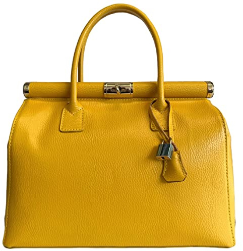 Modarno Handbag Damen-Handtasche aus Leder mit Schultergurt, 35 x 28 x 16 cm, gelb