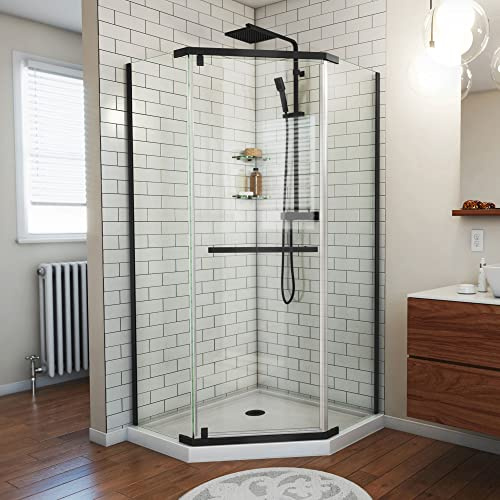 DreamLine Prism 38 inch D x 38 inch W x 74 3/4 inch H Frameless Neo-Angle Pivot Shower Enclosure in Matte Black with White Shower Base Kit