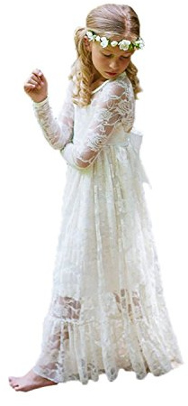 Aibaowedding Mädchen Boho Spitzenkleid Blumenmädchenkleid Kinderkleid | Boho Prinzessinnenkleid mit Binde-Gürtel fließender A-Linie Geeignet als Brautjungfernkleid für Hochzeit Geburtstag