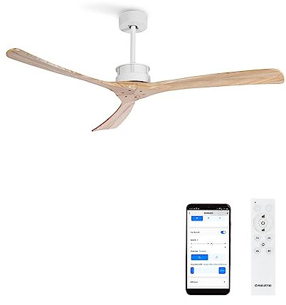 CREATE / WINDLARGE/Ventilador de techo blanco aspas madera natural con Wifi y mando/XL, función verano-invierno, 6 velocidades, temporizador 1 a 4 h, 2 alturas,aspas blancas, 40W, Ø152 cm