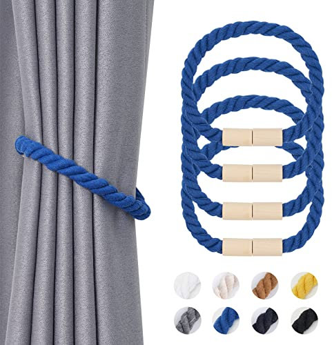 Pretty Jolly 4 Stück Magnetische Vorhang Raffhalter aus Holz, Boho, Heimdekoration, drapierte Raffhalter, handgefertigt, Baumwollseil, Vorhanghalter für Zuhause und Büro, Fenstervorhänge (Hellblau)
