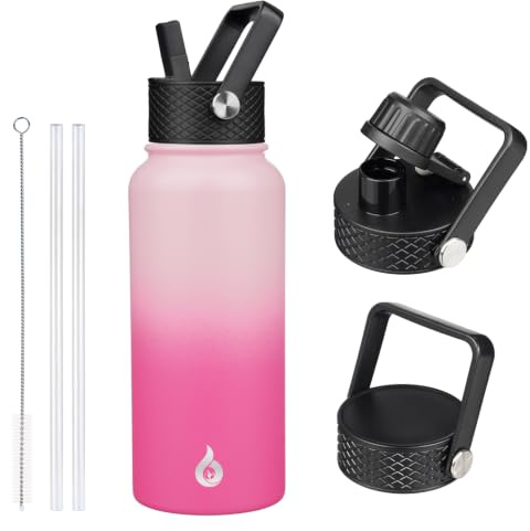 BJPKPK Insulated Water Bottles with Straw Lid, 32oz Metal Large Water Bottle with 3 Lids, Reusable Cups Leak Proof BPA Free Thermos, Stainless Steel Tumblers for Sports, Gym, Travel-Cherry