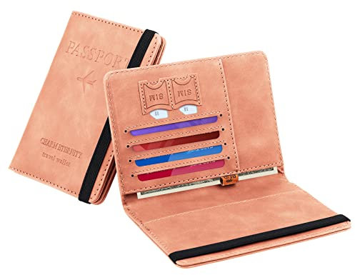 Coolzon Reisepasshülle Kunstleder Passhülle mit RFID-Blocker, Schutzhülle Impfausweis Schutzhülle Tasche für Kreditkarten Ausweis und Reisedokumente Reiseorganizer Etui für Kinder Erwachsene, Rosa