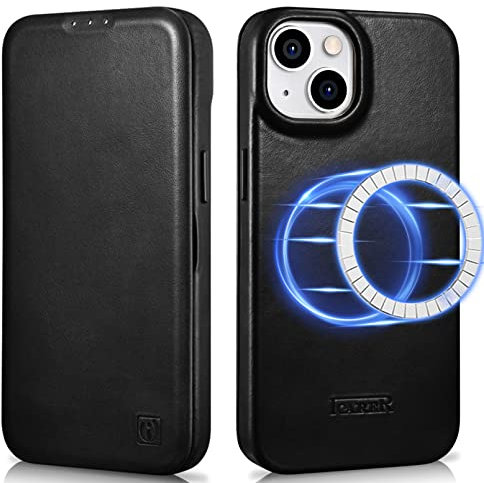 ICARER Leather Case for iPhone 14 2022, 100% Genuine Vintage Leather Flip Case with Card Slot, Magnetic Flip Wallet Cover Compatible with Mag-Safe and Wireless Charging for iPhone 14 6.1 inch (Black)