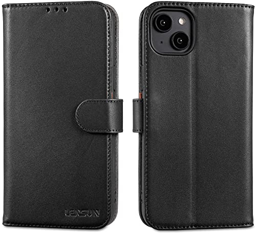 LENSUN Echtleder Hülle für iPhone 14 Plus, Handyhülle [Echtes Leder][Magnetverschluss][RFID Blocker] Handytasche Lederhülle Kompatibel mit iPhone 14 Plus 5G - Schwarz