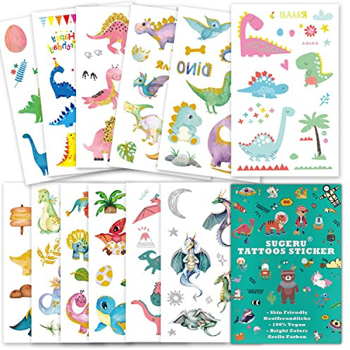 Sugeru 100+ Tattoo Kinder Hautfreundlich,Dinosaurier Tatoos Aufkleben Sticker Kids,Kinder Tattoos Jungen Mädchen,Mitgebsel Kindergeburtstag//Sojabohnenextrakt–Natürliche Sichere Inhaltsstoffe (Dinos)