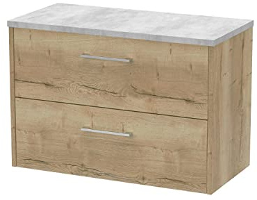 Hudson Reed JNU1826LBG Juno Modern Bathroom Wall Hung 2-Drawer Vanity with Bellato Grey Laminate Worktop, 800mm, Woodgrain Autumn Oak