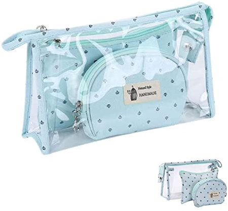 3 Piezas Bolsas de Aseo,Bolsa de Maquillaje de Tocador Transparente,Organizador de Belleza de Plástico Impermeable,Bolso de Cosméticos para Viajes (Azul)