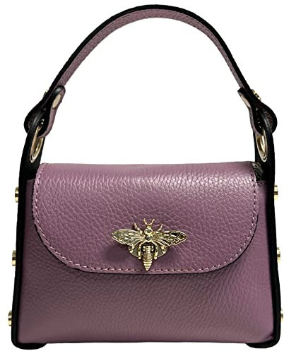 Modarno mini borsa in Vera pelle dollaro con chiusura a moschettone a forma di ape, borchie laterali, catena metallica rimovibile, manico in pelle (Lilla Scuro)
