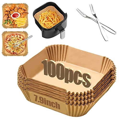 Air Fryer Liners Disposable Square,100PCS 7.9in Non-Stick Paper Liners Nonporous for 3-8L Air Fryer Steamer,Oil-Proof,Waterproof,Food Grade Natural Parchment for Baking,Roast,Microwave Oven,Unbleach