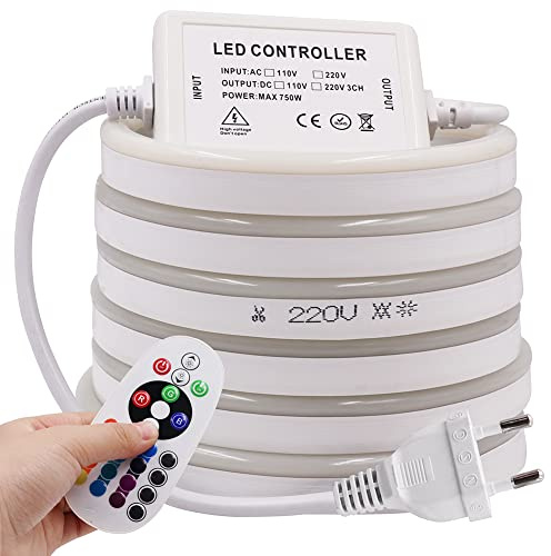 KISUFU 220V Striscia LED RGB Neon 15m,SMD 5050 60 LED/m Luce al Neon Striscia LED RGB con Telecomando a 24 tasti,Nastri LED Flessibile IP65 Multicolore Luce Striscia LED Neon per Camera da letto,Bar