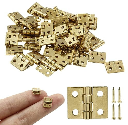 Zorveiio 50Pcs Small Brass Hinges,Pure Copper Butt Hinge,0.31x0.39 Gold Mini Hinges,Tiny Hinges for Mini Cabinet Jewelry Wooden Box,Doll House DIY Hinges with Mounting Screws