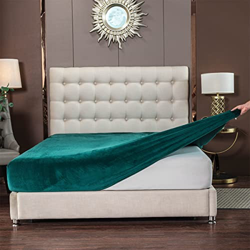 Soifox Jersey Warm Spannbettlaken 90x200cm bis 100x200cm 2er Pack Plüsch Fleece Samtweich Kuschelig Flauschig Cashmere Touch Bettlaken für Boxspringbett Topper Matratze Dunkelgrün mit Gummizug